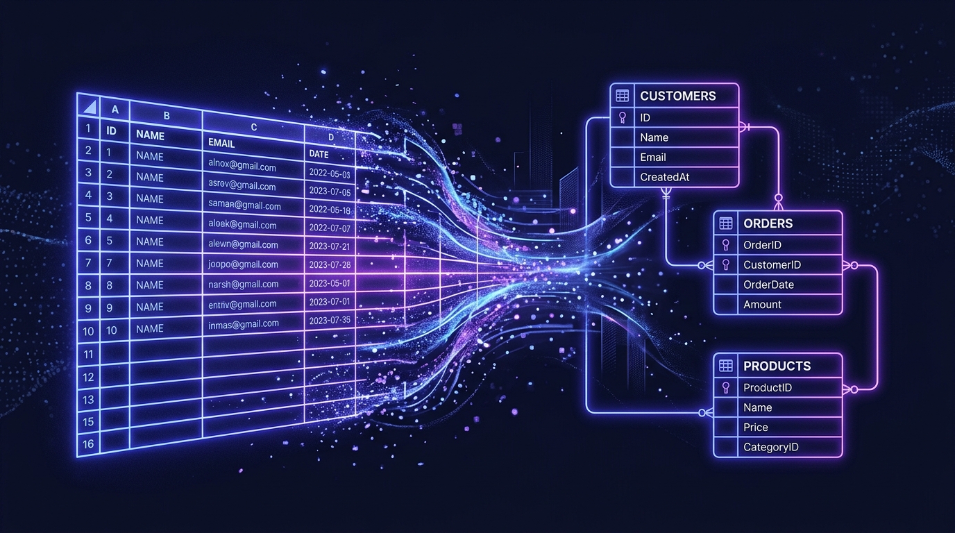 Excel spreadsheet transforming into SQL database — The Data Alchemist